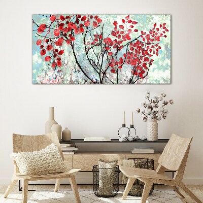 Red leaves on a blue background Glass Print