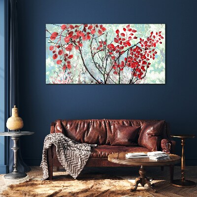 Red leaves on a blue background Glass Print
