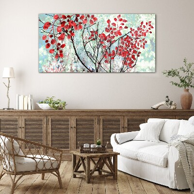 Red leaves on a blue background Glass Print