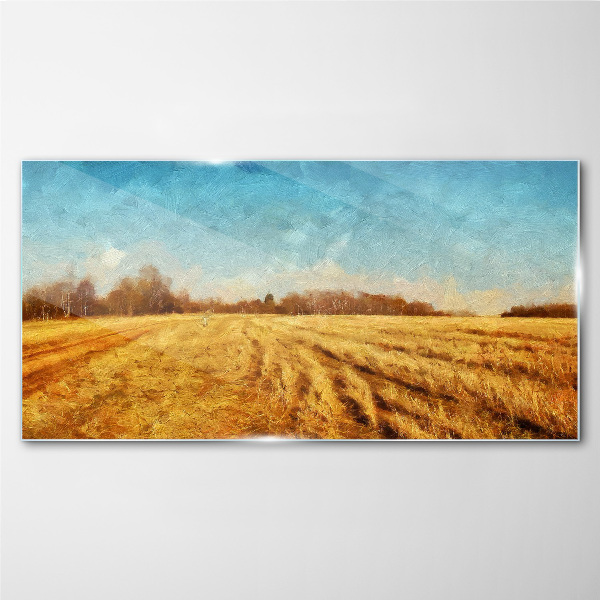 Golden fields under blue sky Glass Print