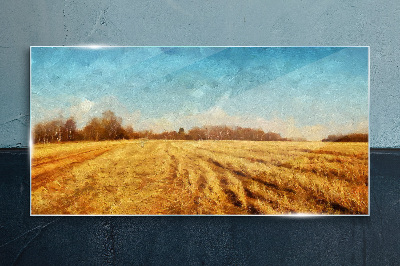 Golden fields under blue sky Glass Print