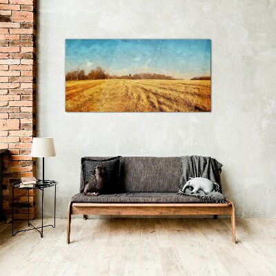 Golden fields under blue sky Glass Print