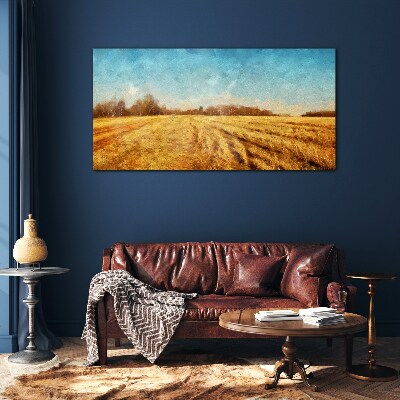 Golden fields under blue sky Glass Print
