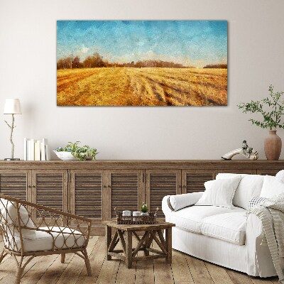 Golden fields under blue sky Glass Print