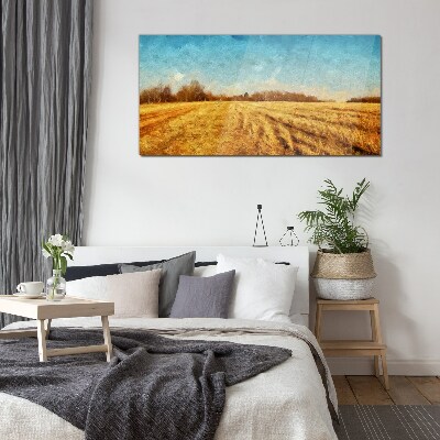 Golden fields under blue sky Glass Print