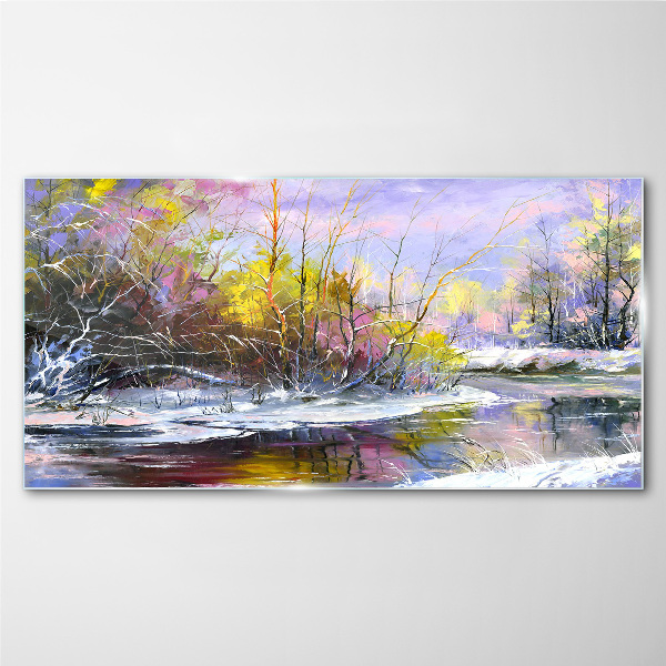Winter landscape with a river Glass Print