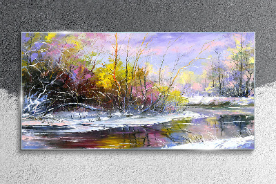 Winter landscape with a river Glass Print