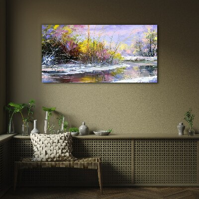 Winter landscape with a river Glass Print