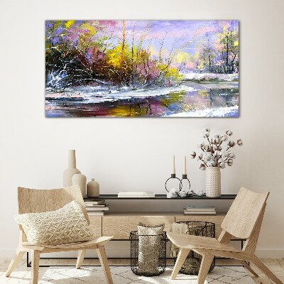 Winter landscape with a river Glass Print