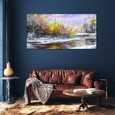 Winter landscape with a river Glass Print