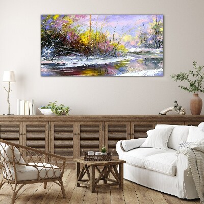 Winter landscape with a river Glass Print