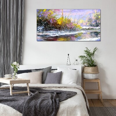 Winter landscape with a river Glass Print