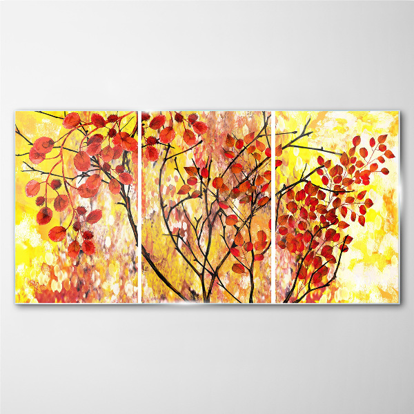 Autumn leaves on a yellow background Glass Print