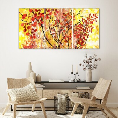 Autumn leaves on a yellow background Glass Print