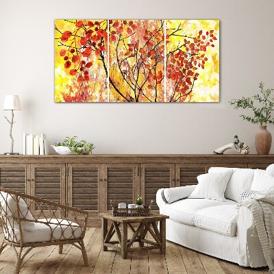 Autumn leaves on a yellow background Glass Print