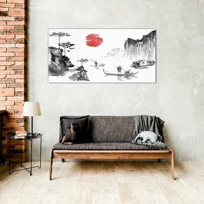Peaceful landscape with sunset Glass Print