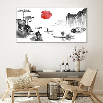 Peaceful landscape with sunset Glass Print