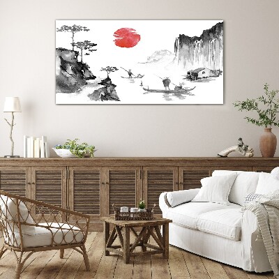 Peaceful landscape with sunset Glass Print