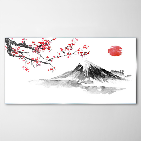 Cherry blossoms and mountain landscape Glass Print