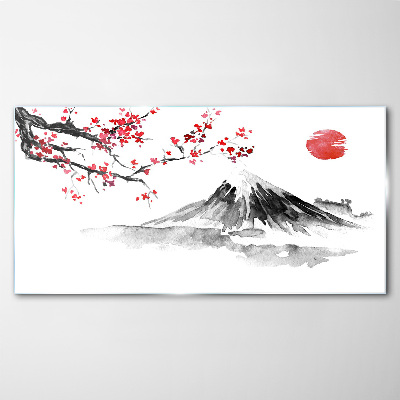 Cherry blossoms and mountain landscape Glass Print
