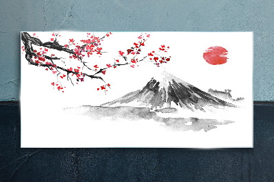 Cherry blossoms and mountain landscape Glass Print