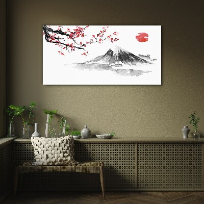 Cherry blossoms and mountain landscape Glass Print