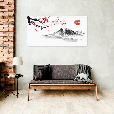Cherry blossoms and mountain landscape Glass Print