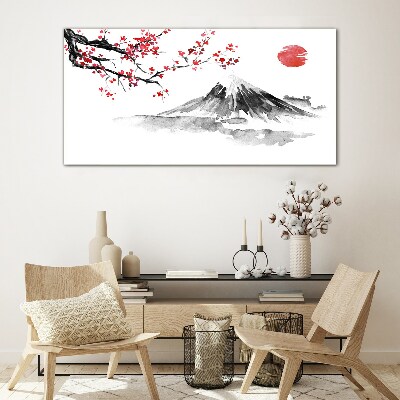 Cherry blossoms and mountain landscape Glass Print