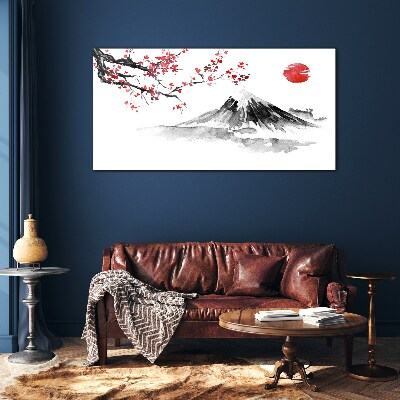 Cherry blossoms and mountain landscape Glass Print