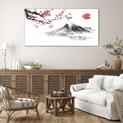 Cherry blossoms and mountain landscape Glass Print