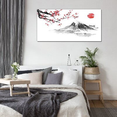 Cherry blossoms and mountain landscape Glass Print