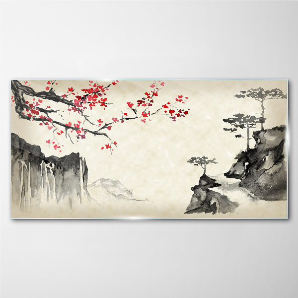 Landscape with flowering branches Glass Print