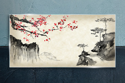 Landscape with flowering branches Glass Print