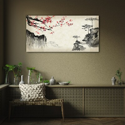 Landscape with flowering branches Glass Print