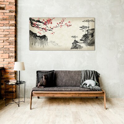 Landscape with flowering branches Glass Print
