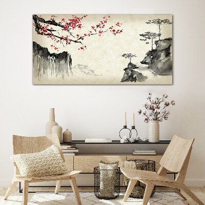 Landscape with flowering branches Glass Print