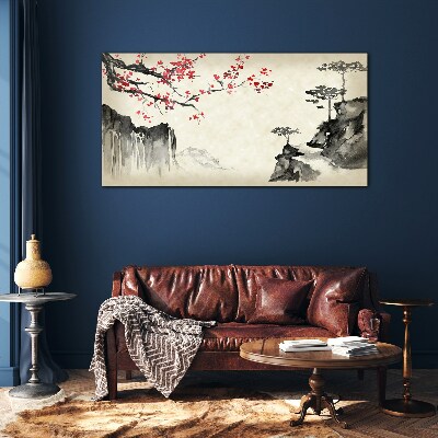 Landscape with flowering branches Glass Print