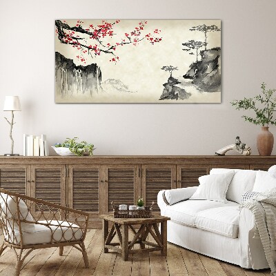 Landscape with flowering branches Glass Print