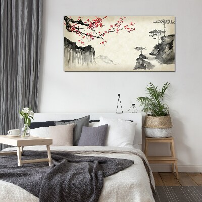 Landscape with flowering branches Glass Print