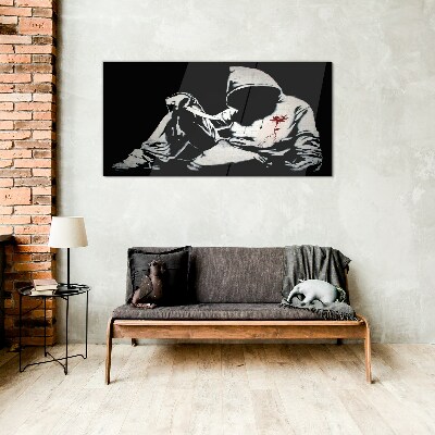 Banksy knife black and white Glass Wall Art