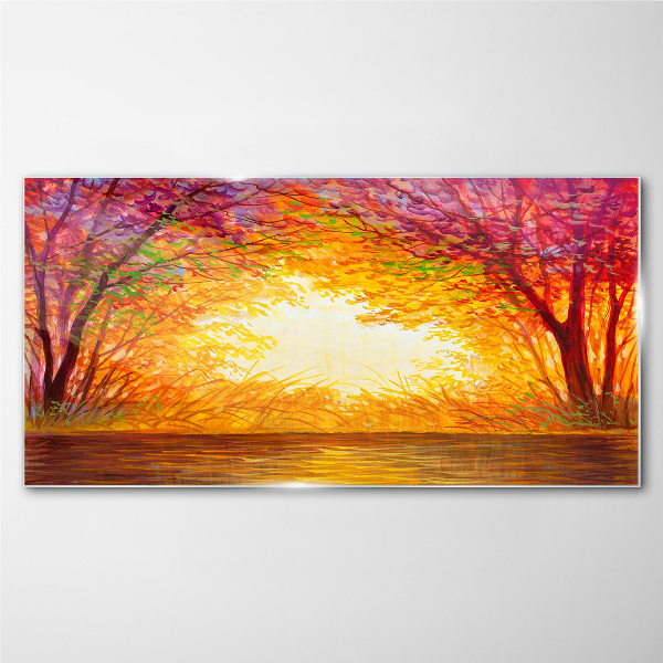 Sunset in a colorful forest Glass Print