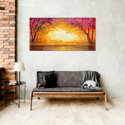 Sunset in a colorful forest Glass Print