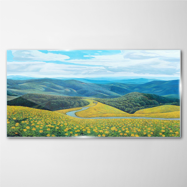 Landscape in yellow flowers Glass Wall Art