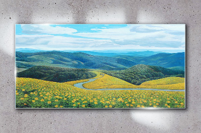 Landscape in yellow flowers Glass Wall Art