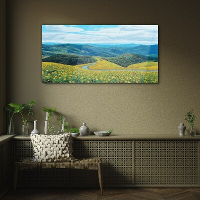 Landscape in yellow flowers Glass Wall Art
