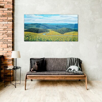 Landscape in yellow flowers Glass Wall Art