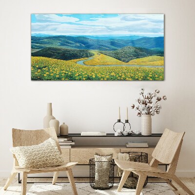 Landscape in yellow flowers Glass Wall Art