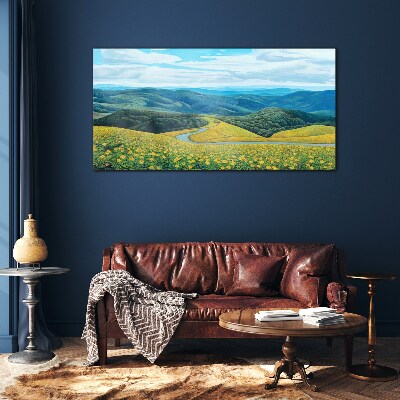 Landscape in yellow flowers Glass Wall Art