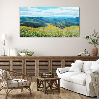 Landscape in yellow flowers Glass Wall Art