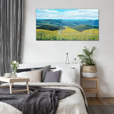 Flowers mountain landscape trees Glass Wall Art